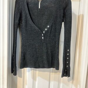 Free People Black Ribbed V-Neck Long Sleeve Top with Button Accents